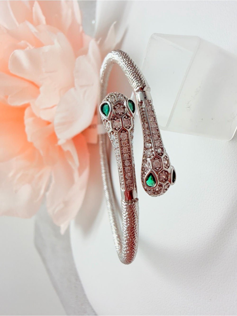 Silver Snake Head Bangle Bracelet with Green Gem Accents premium
Size-Adjustable